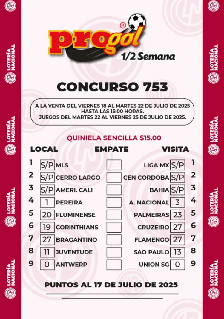 Quiniela del Progol Media Semana 753.