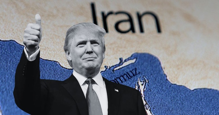 Ilustración que muestra al presidente de EU, Donald Trump, frente a un mapa de Irán.