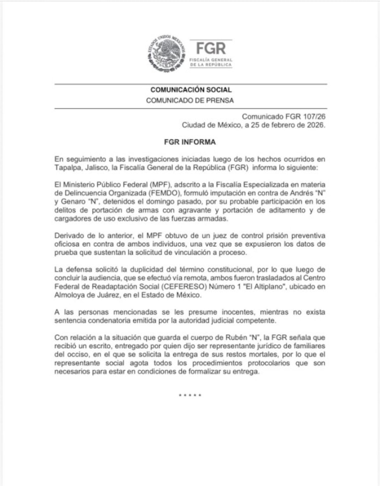Comunicado de la FGR.