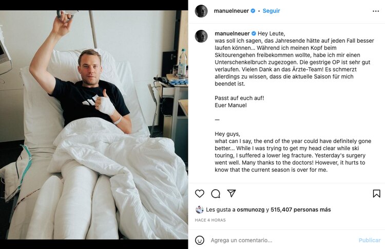 Manuel Neuer se fracturó una pierna mientras esquiaba