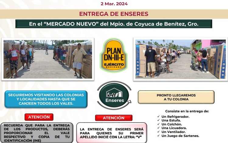 Entrega de enseres en Coyuca de Benítez.