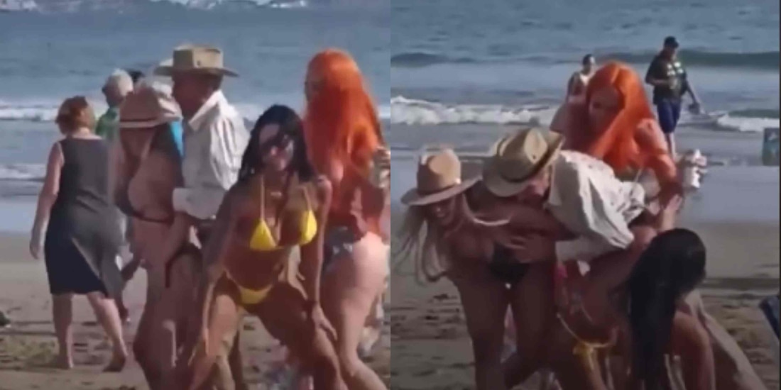Captan a abuelito disfrutando baile sensual con chicas en bikini