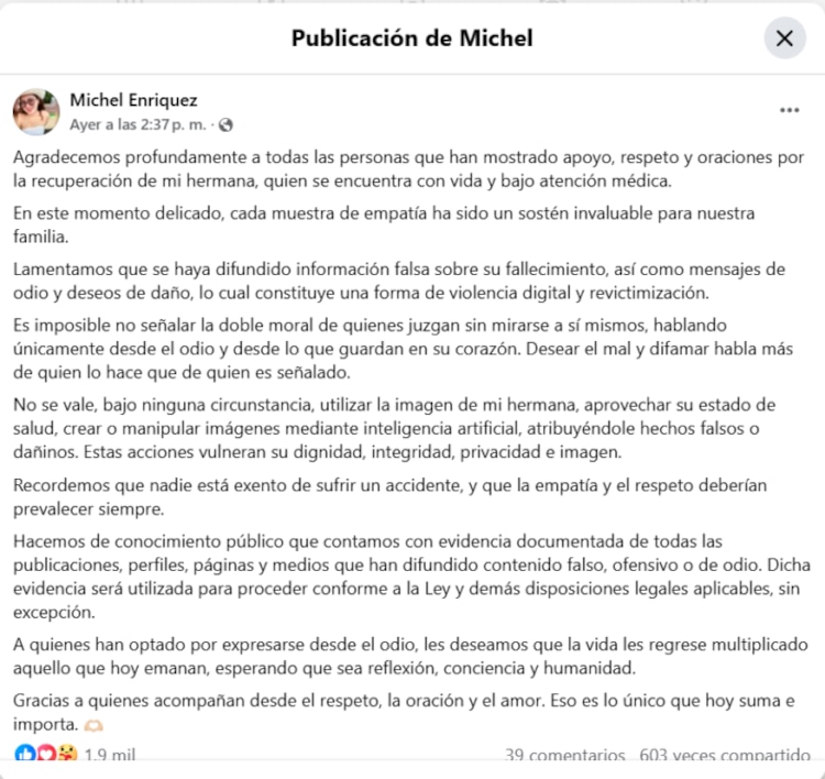 Mensaje de la hermana de la influencer Dulce Enríquez