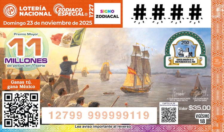 El billete del Sorteo Zodiaco Especial 1727 estuvo dedicado al Bicentenario de la consolidación de la Independencia en el Mar.