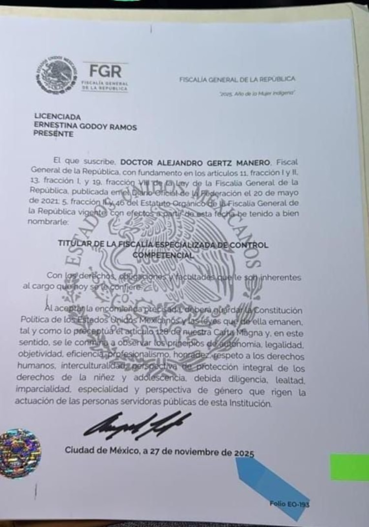 Ernestina Godoy quedó al frente de la FGR después de la renuncia al cargo de Alejandro Gertz Manero.