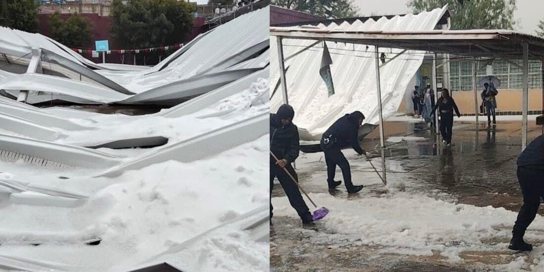 Tormenta y granizo dañan escuela en Ecatepec