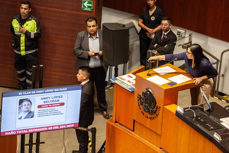 La senadora Mayuli Latifa Martinez Simón, del PAN señala a 'Andy' López Beltrán durante la comparecencia del secretario de Hacienda, el 6 de octubre de 2026.