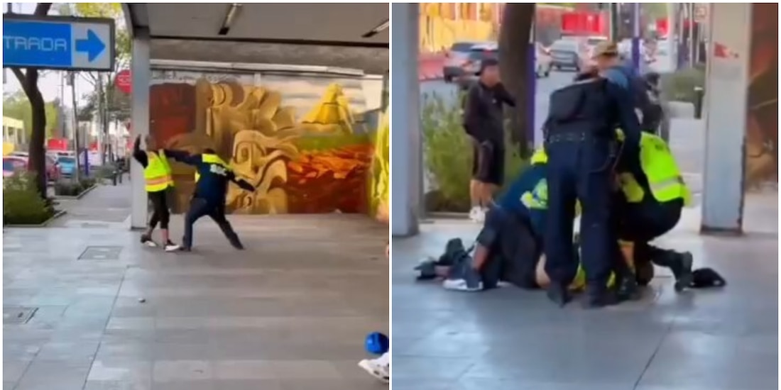 Captan pelea entre policía de Tránsito y civil afuera del Metro San Antonio Abad, en la Ciudad de México.