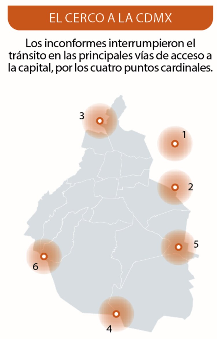 Los inconformes interrumpieron el tránsito en las principales vías de acceso a la capital, por los cuatro puntos cardinales.