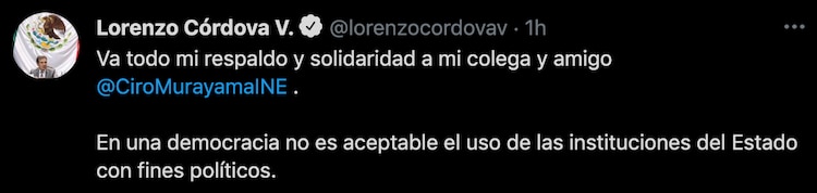 Mensaje de Lorenzo Córdova mediante su cuenta de Twitter.