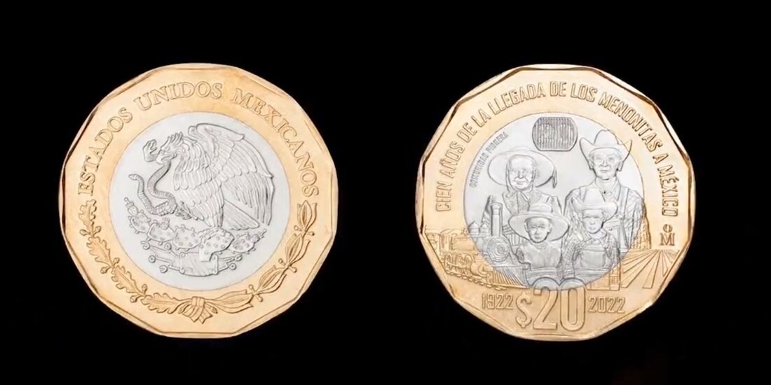 Banxico conmemora 100 años de la llegada de los Menonitas a México con una moneda de 20 pesos conmemorativa.