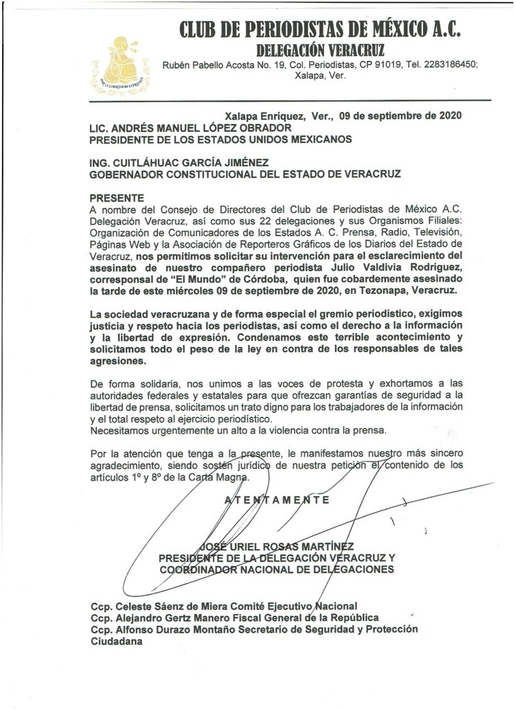 Condena el Club de Periodistas asesinato de Julio Valdivia.