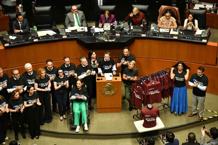 Senadores del PAN llevaron playeras con la leyenda "Yo con Rocha" a los morenistas.