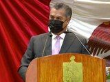 El gobernador Jaime Rodríguez durante su Quinto Informe de Gobierno ante diputados locales.