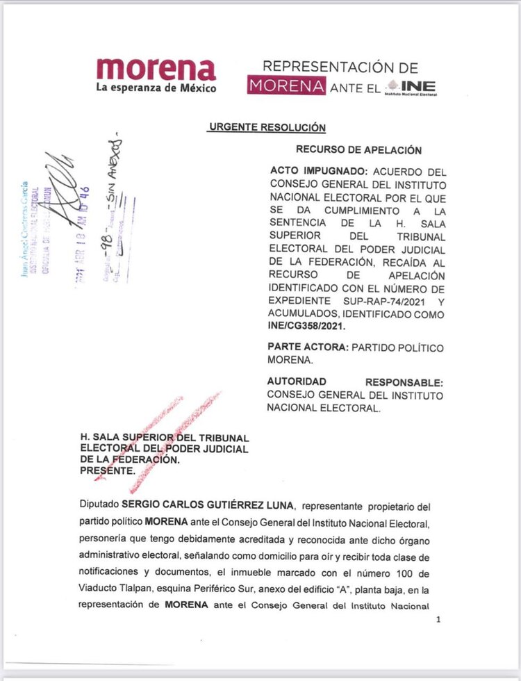 Acuses de las apelaciones presentadas por Morena