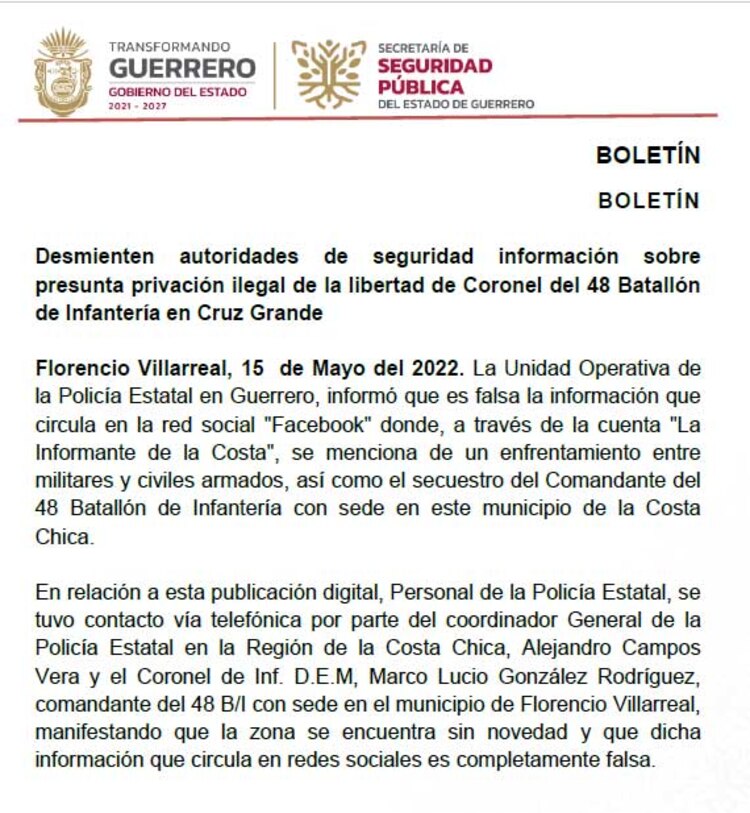 Autoridades de Guerrero desmienten información sobre presunta privación ilegal de la libertad de Coronel del 48 Batallón de Infantería en Cruz Grande