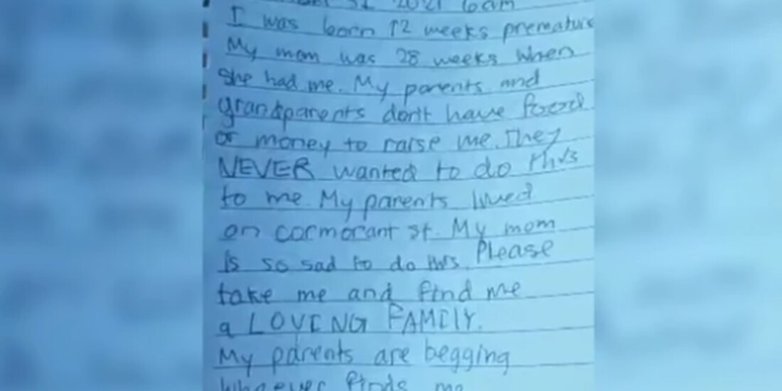 Captura de la nota que dejaron con el bebé