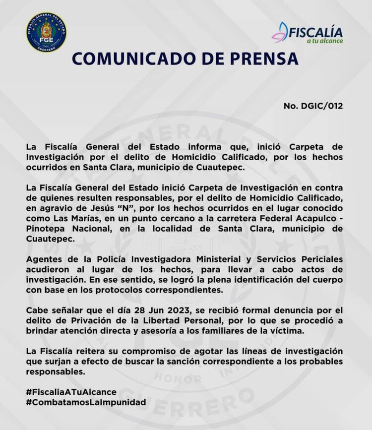 FGE de Guerrero inició una carpeta de investigación por el asesinato de Jesús González.