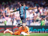 Mateo Coronel festeja su gol ante Pumas, ayer.