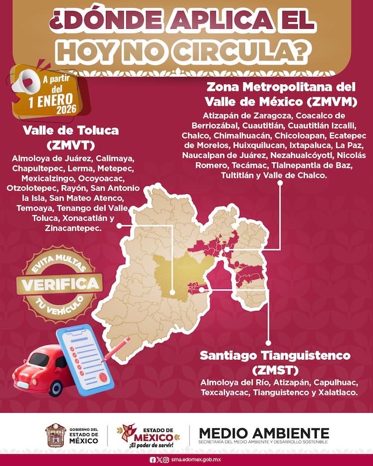 En el Estado de México, el Hoy No Circula aplica en tres zonas metropolitanas.