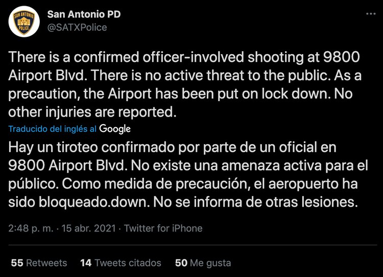 Mensaje vertido en redes sociales de la Policía de San Antonio, Texas.