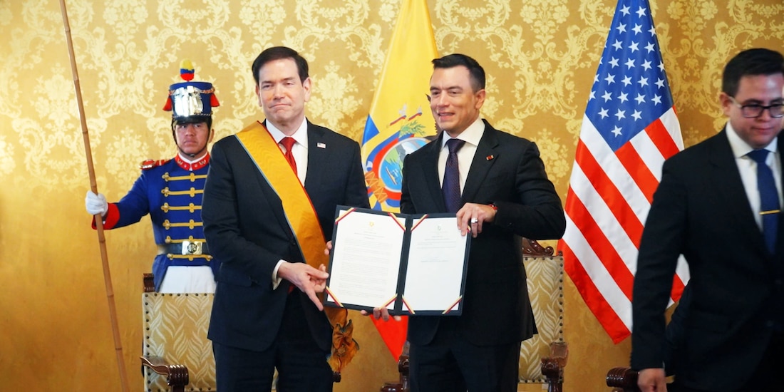 Reunión entre Marco Rubio, titular del Departamento de Estado de EU (izq.), y Daniel Noboa, presidente de Ecuador (der.).