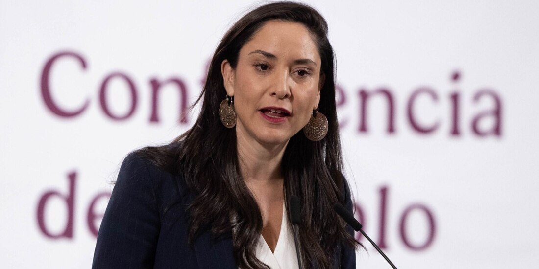 Claudia Curiel, secretaria de Cultura, durante la conferencia matutina del pasado viernes nueve de mayo.