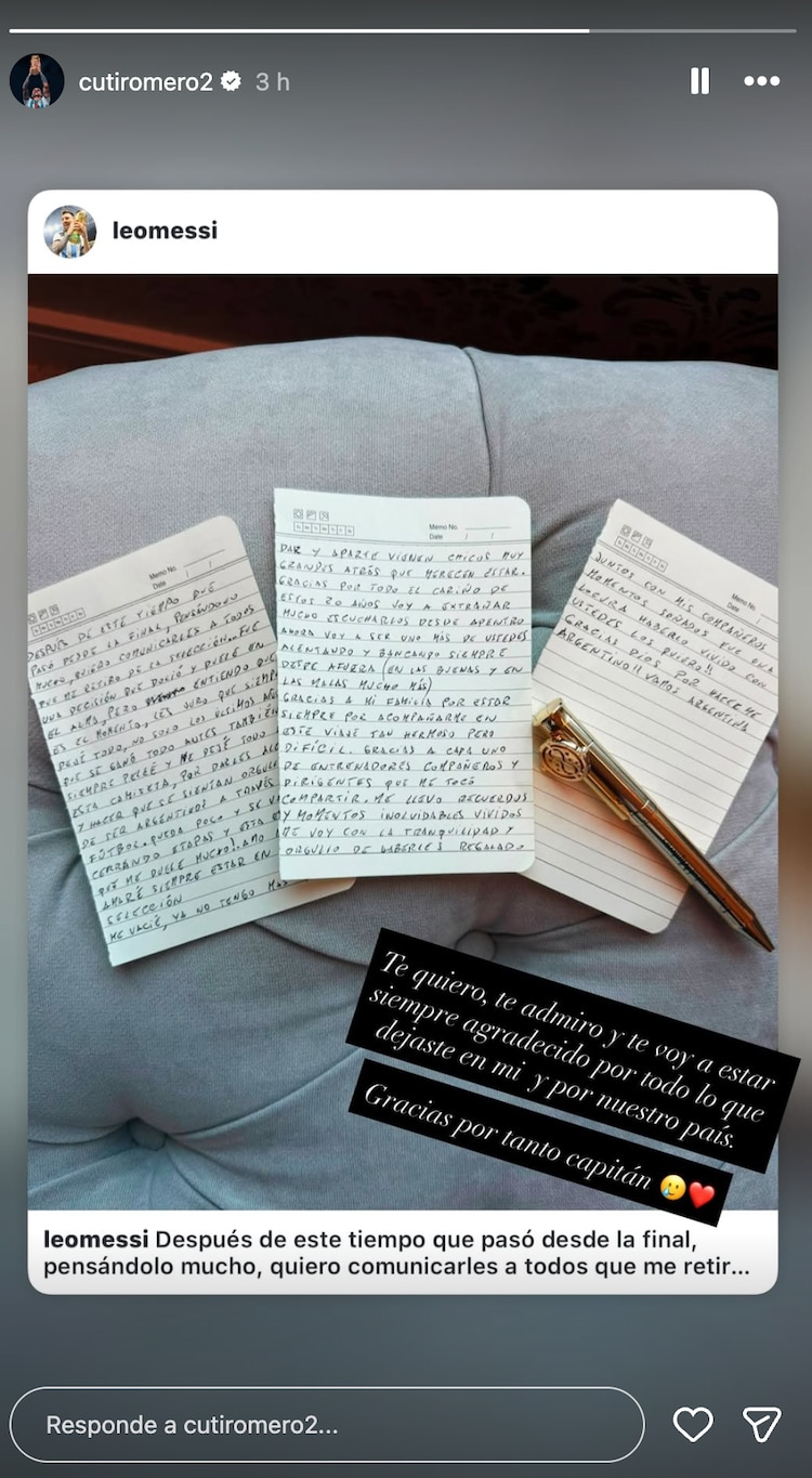 El Cuti Romero le dedicó unas palabras a Lionel Messi en sus instastories.