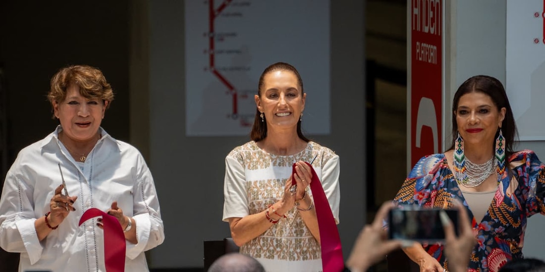 De izq. a der.: Delfina Gómez, gobernadora de Edomex; Claudia Sheinbaum, presidenta de México, y Clara Brugada, jefa de Gobierno, durante el corte de listón del Tren Buenavista - AIFA.
