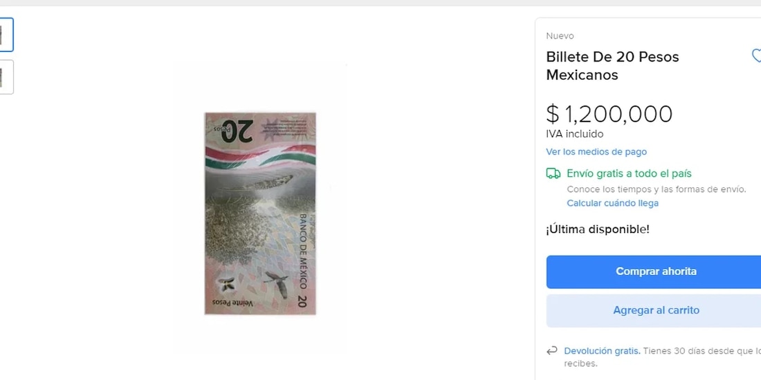 El billete de 20 pesos se vende hasta en un millón de pesos.