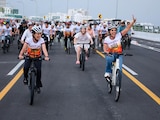 La Presidenta Claudia Sheinbaum y la gobernadora Mara Lezama en la inauguración del Puente Nichupté.