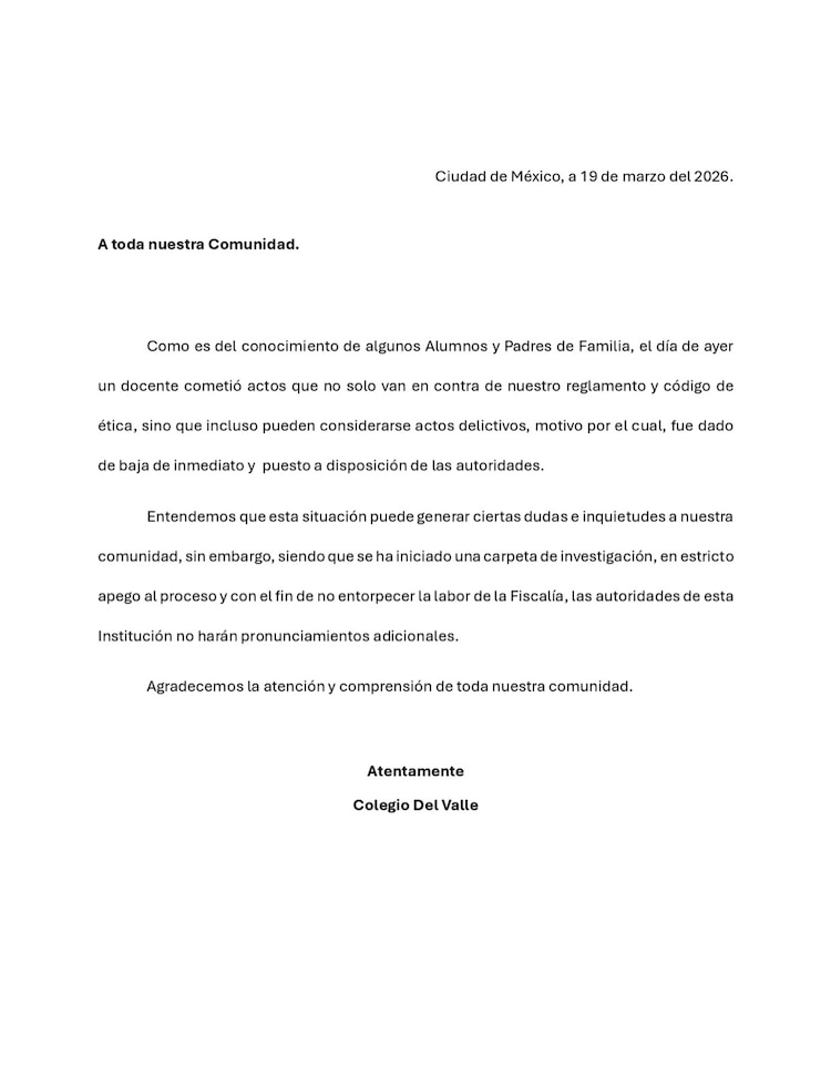 Comunicado del Colegio del Valle, donde laboraba el profesor, sobre los hechos.