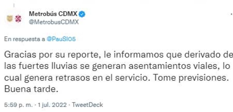 El mensaje del Metrobús en redes sociales