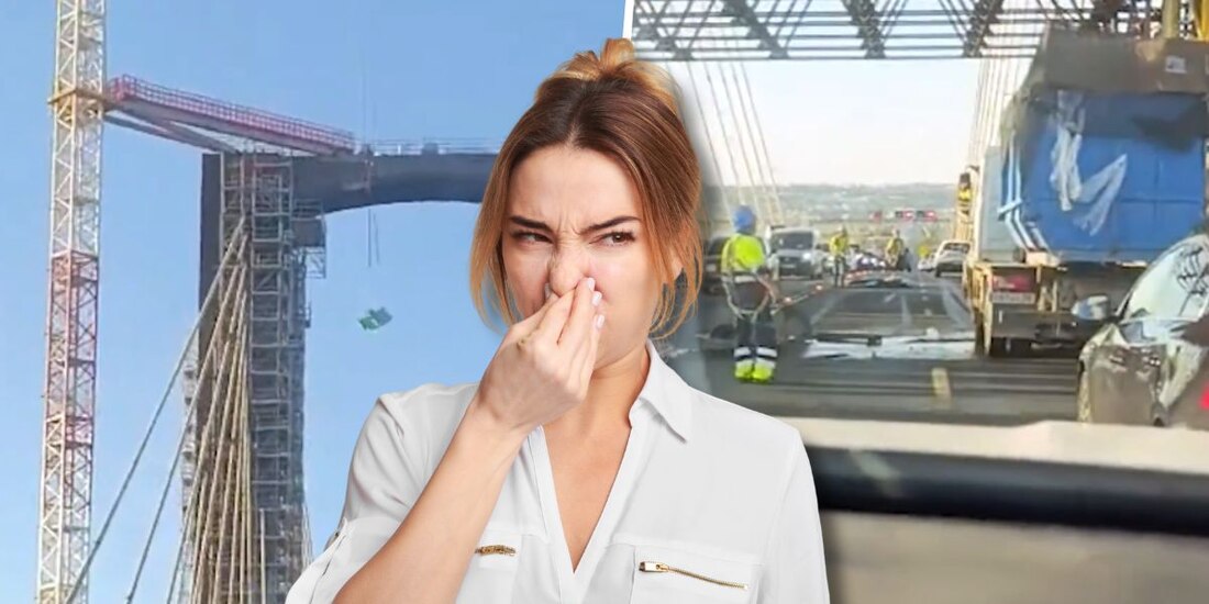 Baño público cae sobre la autopista... y deja regados todos los desechos que tenía acumulados.