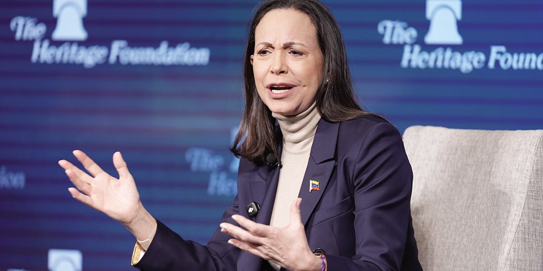 La nobel de la Paz, Corina Machado, ayer, en conferencia.