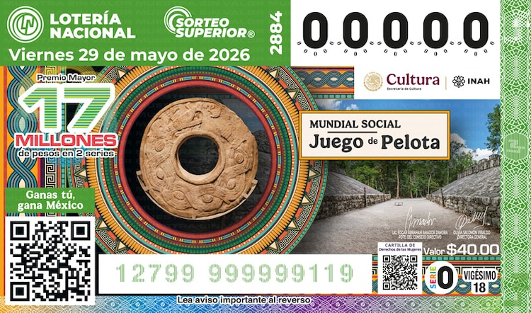 El billete del Sorteo Superior 2884 está dedicado al Mundial Social - Juego de Pelota INAH.