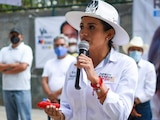 Zudikey Rodríguez de Exatlón México durante un mitín de su campaña política