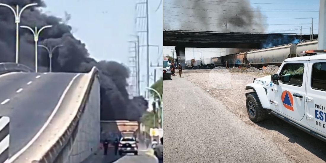 Choque entre tren y pipa en Colón, Querétaro, provoca enorme columna de humo.