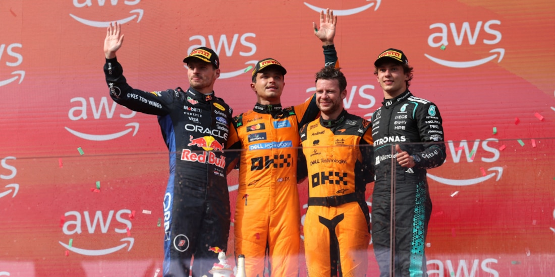 Lando Norris, Max Verstappen y Andrea Kimi Antonelli en el podio de Hungría.