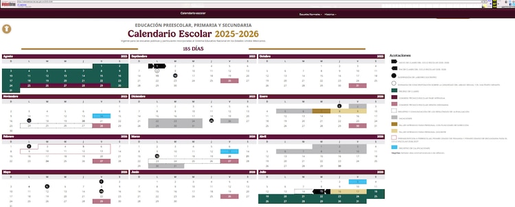 Calendario escolar 2025-2026 original, publicado por la SEP.