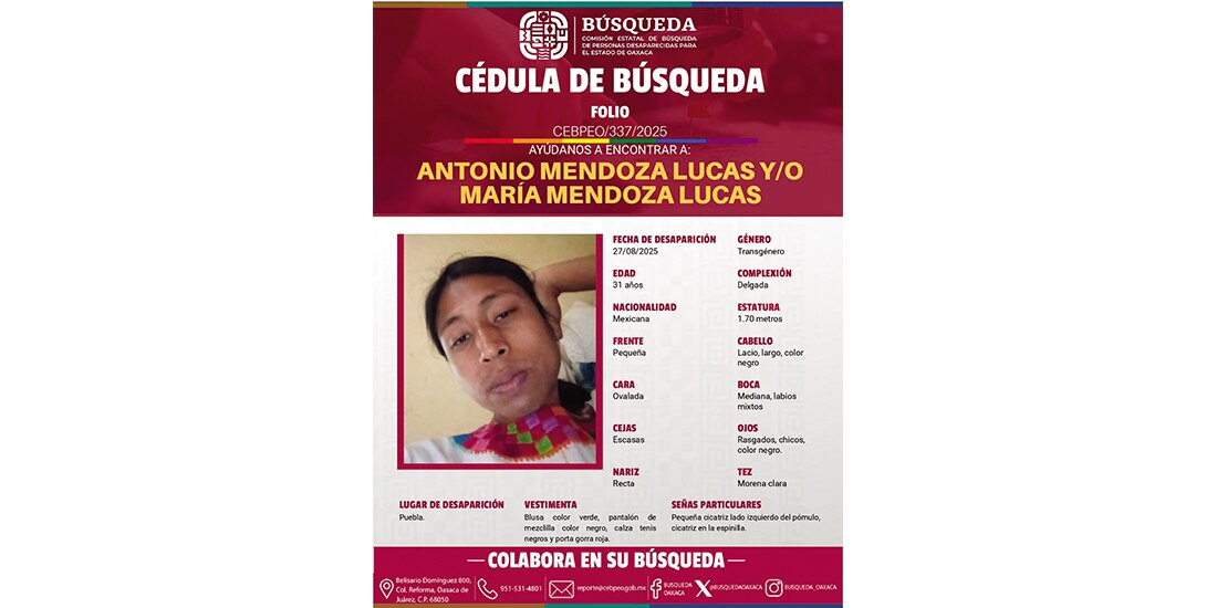 Ficha de búsqueda de la activista, difundida en Oaxaca.