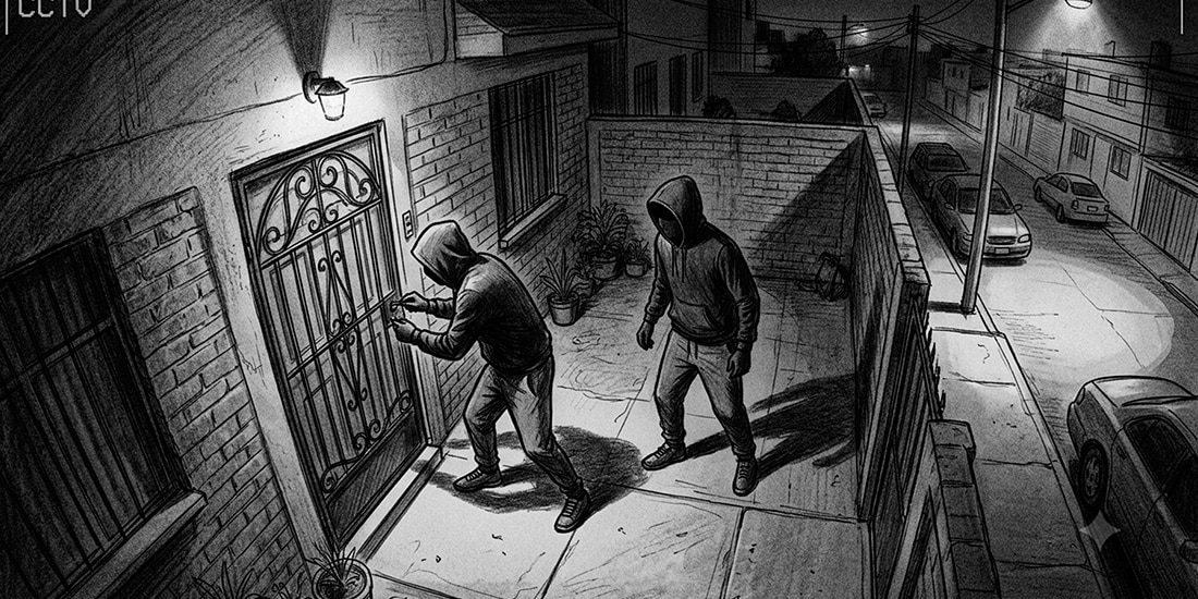 Dibujo de un presunto robo a casa habitación captado por una cámara.