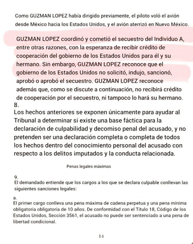 Declaración de Joaquín Guzmán López sobre cómo secuestró a El Mayo, presentada ayer en una corte de Illinois, en Estados Unidos.