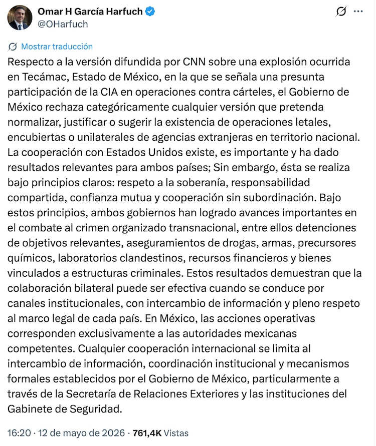 Publicación de Omar García Harfuch sobre la muerte de "El Payín"