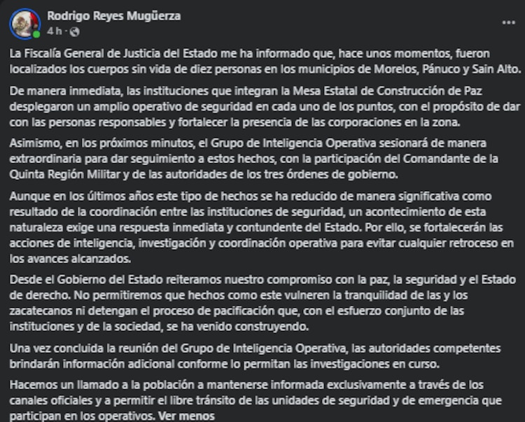 Rodrigo Reyes Mugüerza, secretario general de Gobierno en Zacatecas informó el hallazgo