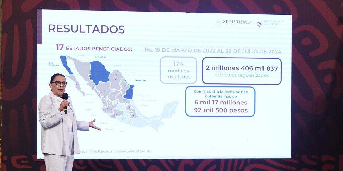 La secretaria Rosa Icela Rodríguez presenta los avances del Programa de Regularización de Vehículos Usados.