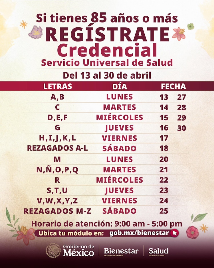 Calendario de registro para la Credencial de Servicio Universal de Salud
