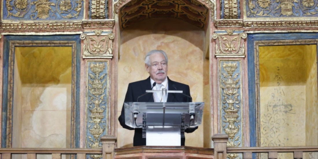 Gonzalo Celorio durante su intervención en la entrega del Premio Cervantes 2025, en la Universidad de Alcalá, este jueves.