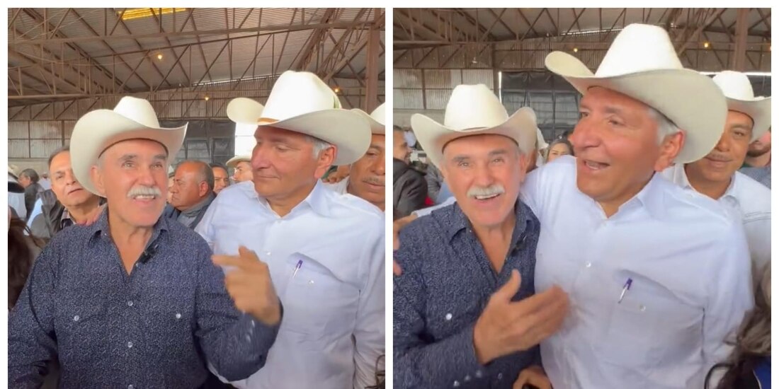 Adán Augusto López, secretario de Gobernación, junto a Indalecio Chávez, ciudadano que cantó un corrido para el funcionario.