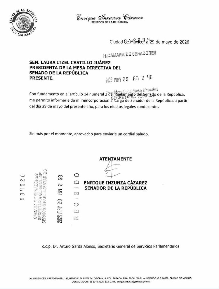 Carta de Enrique Inzunza con la que anuncia el regreso a sus actividades legislativas en el Senado.